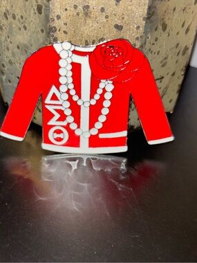 Delta- Red Sweater Jacket Pin with Pearl Necklace and Rose. New In Package..